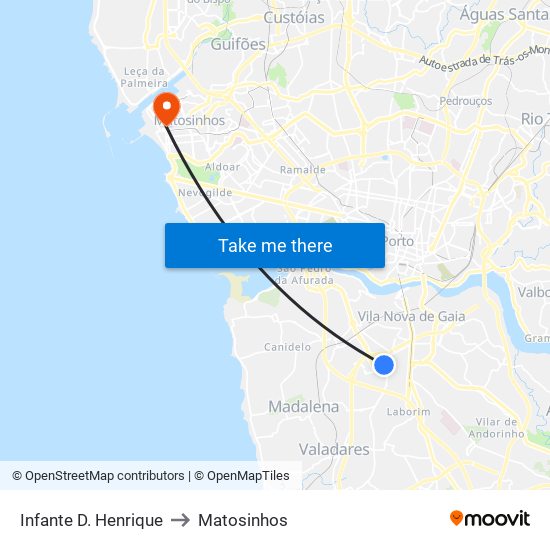 Infante D. Henrique to Matosinhos map