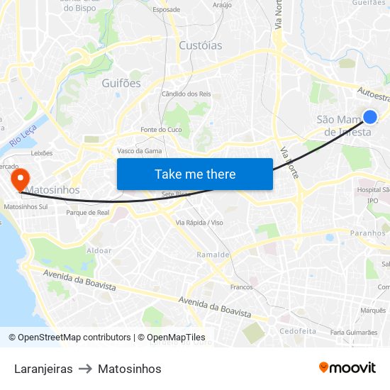 Laranjeiras to Matosinhos map