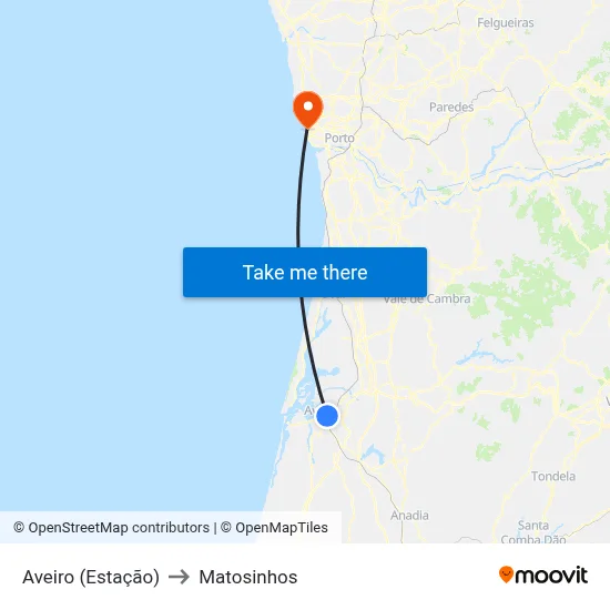 Aveiro (Estação) to Matosinhos map