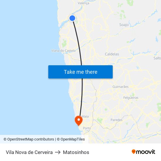 Vila Nova de Cerveira to Matosinhos map