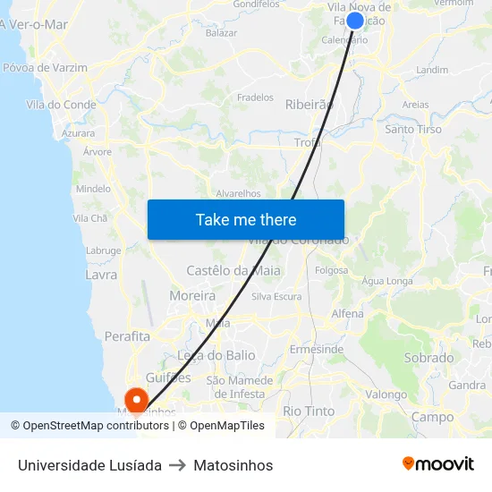 Universidade Lusíada to Matosinhos map