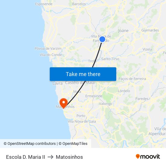 Escola D. Maria II to Matosinhos map