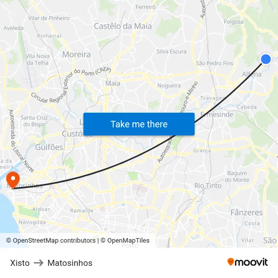 Xisto to Matosinhos map