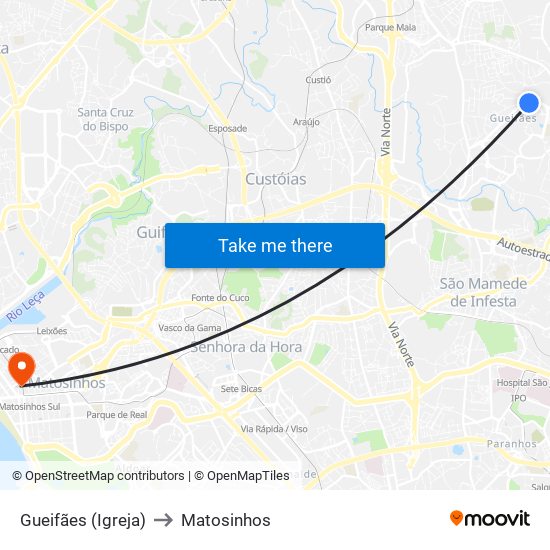 Gueifães (Igreja) to Matosinhos map