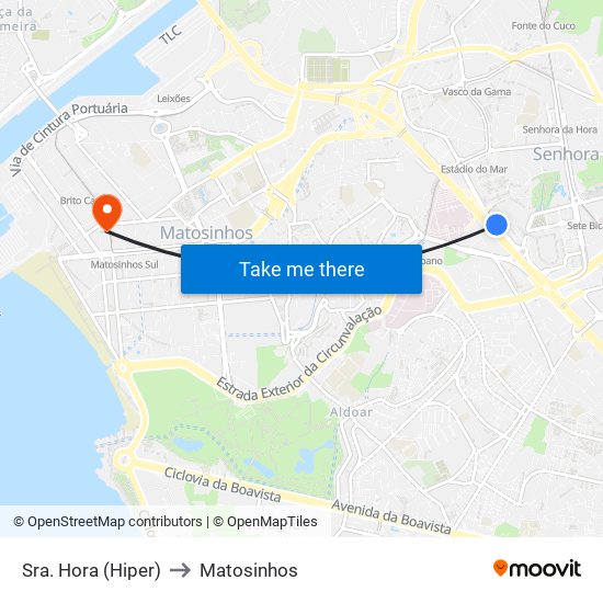 Sra. Hora (Hiper) to Matosinhos map