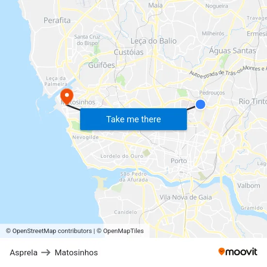 Asprela to Matosinhos map