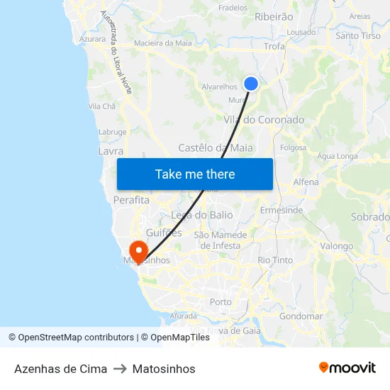Azenhas de Cima to Matosinhos map