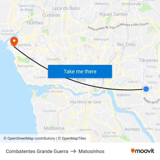 Combatentes Grande Guerra to Matosinhos map