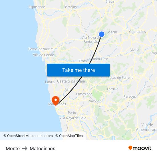 Monte to Matosinhos map