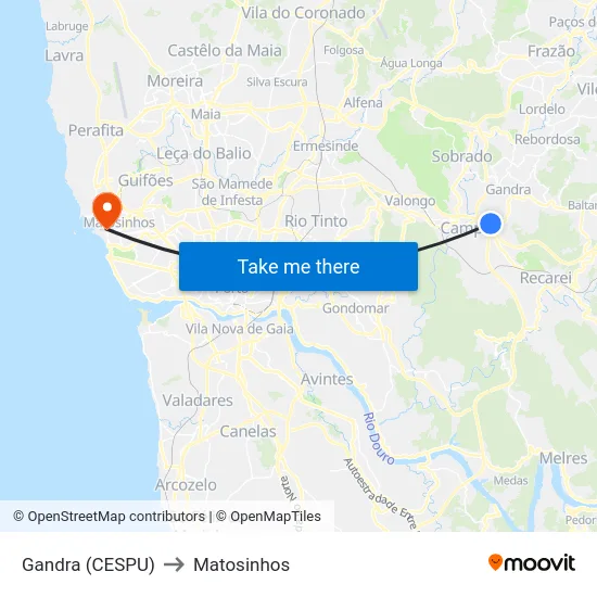Gandra (CESPU) to Matosinhos map
