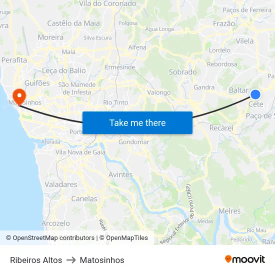 Ribeiros Altos to Matosinhos map