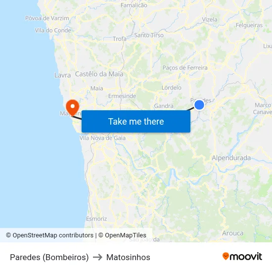 Paredes (Bombeiros) to Matosinhos map