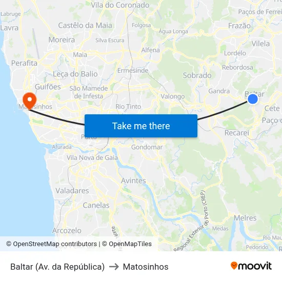 Baltar (Av. da República) to Matosinhos map