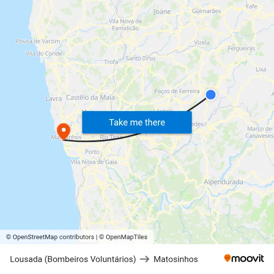 Lousada (Bombeiros Voluntários) to Matosinhos map