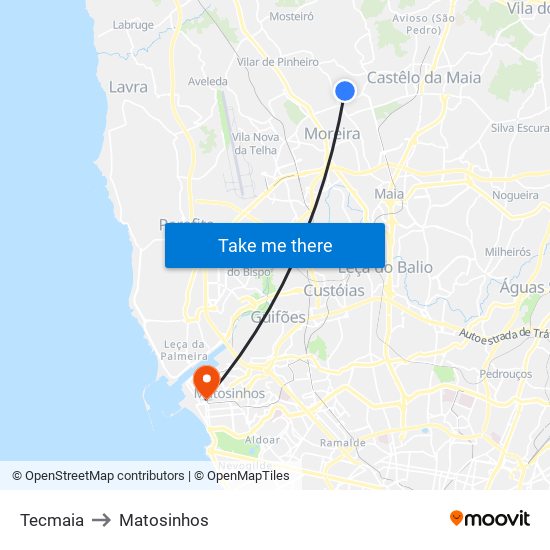 Tecmaia to Matosinhos map