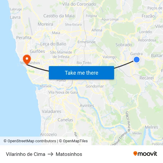 Vilarinho de Cima to Matosinhos map