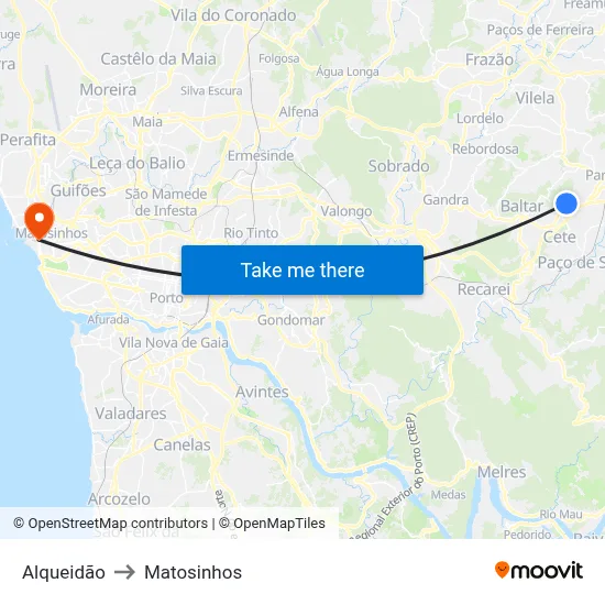 Alqueidão to Matosinhos map