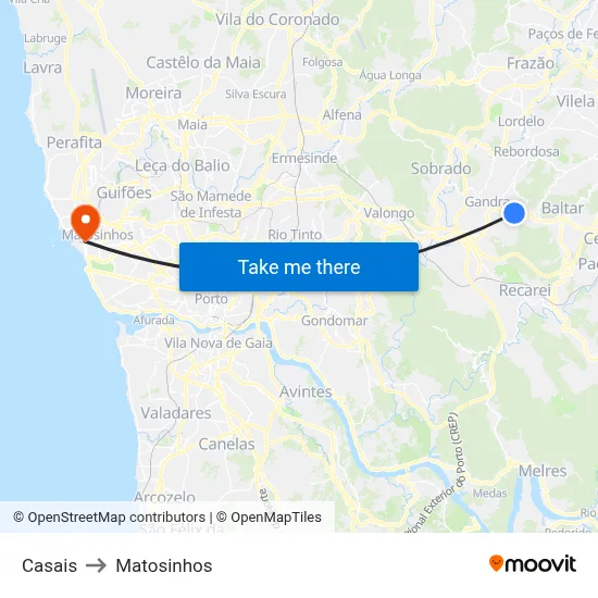 Casais to Matosinhos map