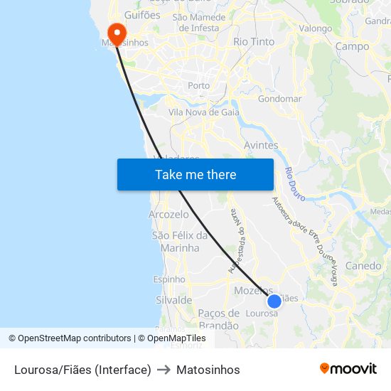 Lourosa/Fiães (Interface) to Matosinhos map