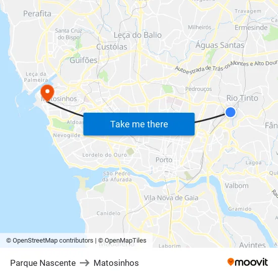 Parque Nascente to Matosinhos map