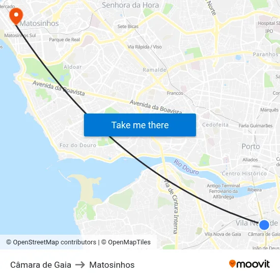Câmara de Gaia to Matosinhos map