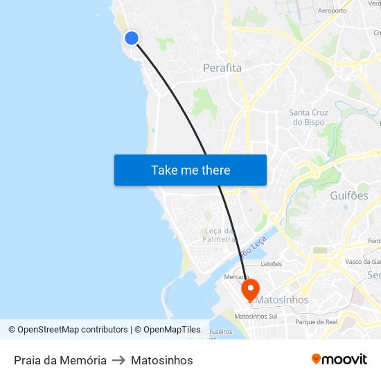 Praia da Memória to Matosinhos map