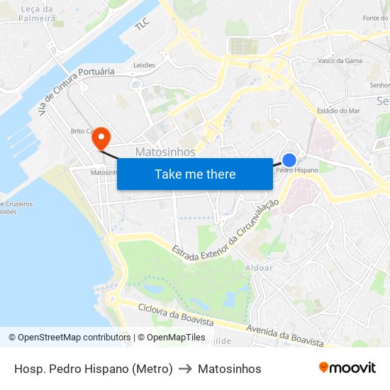 Hosp. Pedro Hispano (Metro) to Matosinhos map
