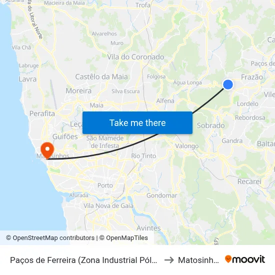 Paços de Ferreira (Zona Industrial Pólo 2) to Matosinhos map