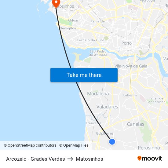 Arcozelo - Grades Verdes to Matosinhos map