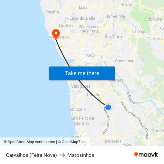 Carvalhos (Feira Nova) to Matosinhos map