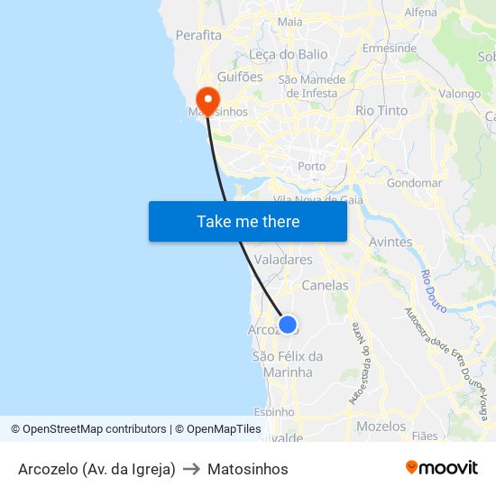 Arcozelo (Av. da Igreja) to Matosinhos map