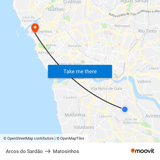 Arcos do Sardão to Matosinhos map