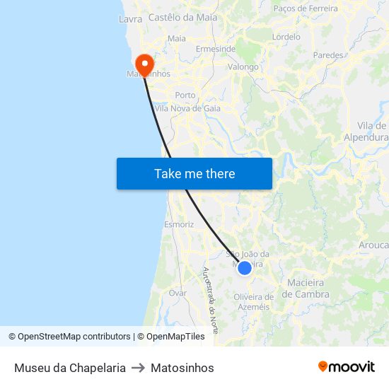 Museu da Chapelaria to Matosinhos map