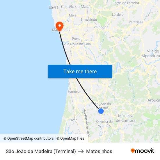 São João da Madeira (Terminal) to Matosinhos map