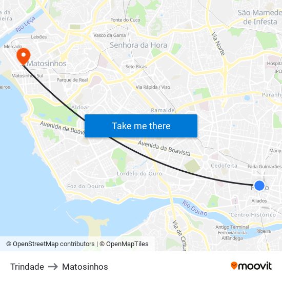 Trindade to Matosinhos map