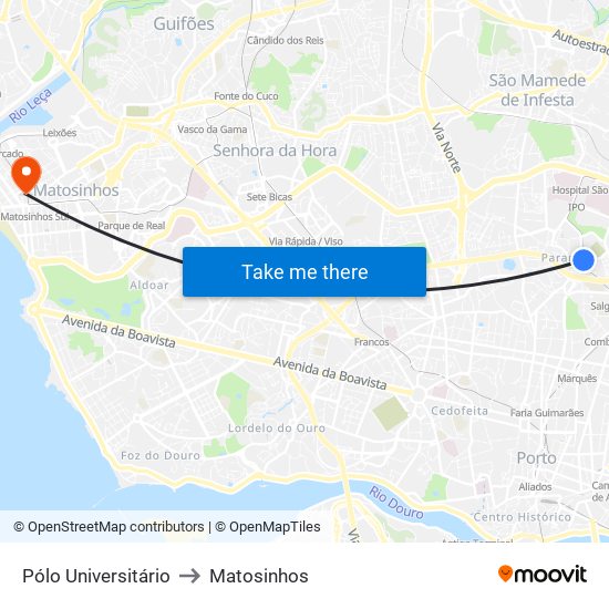 Pólo Universitário to Matosinhos map