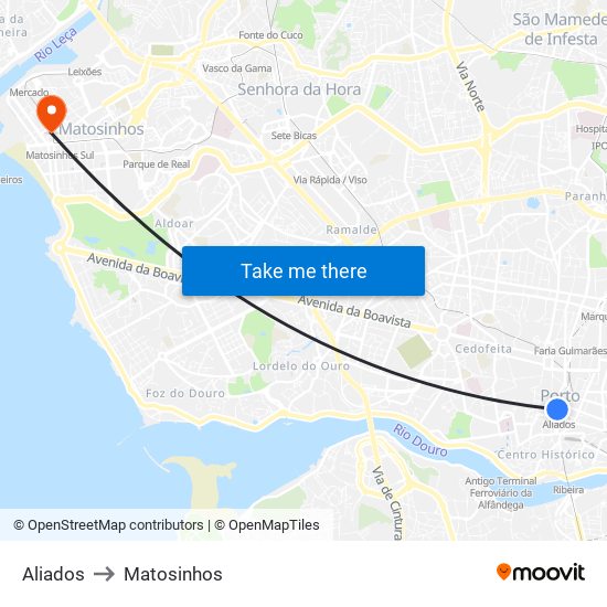 Aliados to Matosinhos map