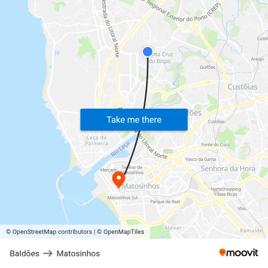 Baldões to Matosinhos map