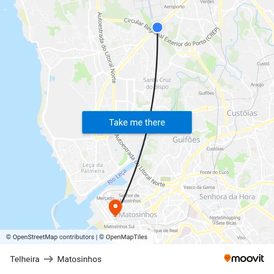 Telheira to Matosinhos map