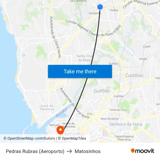 Pedras Rubras (Aeroporto) to Matosinhos map