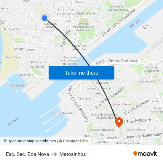 Esc. Sec. Boa Nova to Matosinhos map