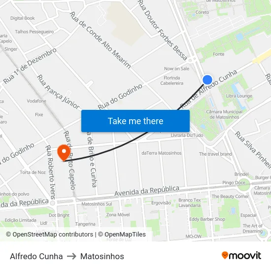 Alfredo Cunha to Matosinhos map