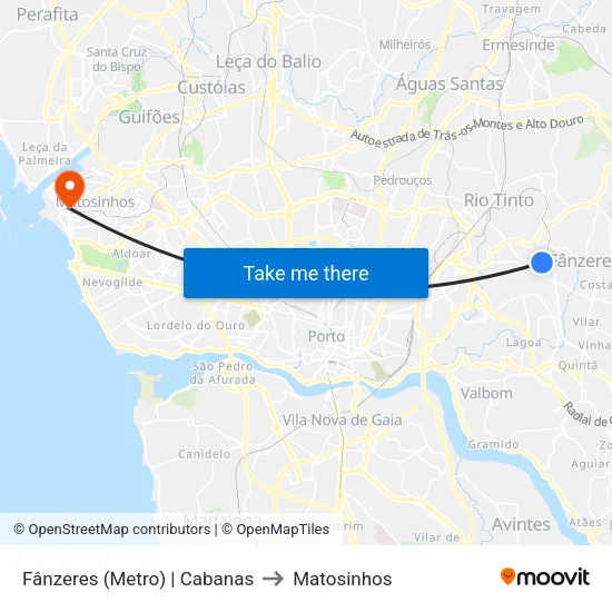 Fânzeres (Metro) | Cabanas to Matosinhos map