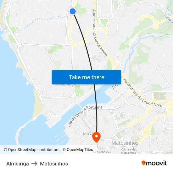 Almeiriga to Matosinhos map