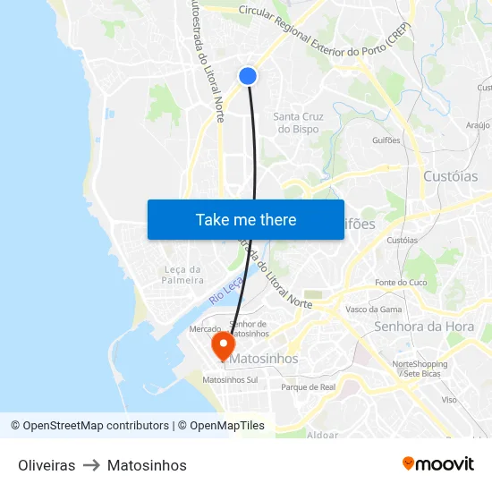 Oliveiras to Matosinhos map