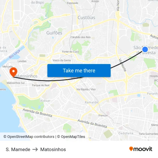 S. Mamede to Matosinhos map