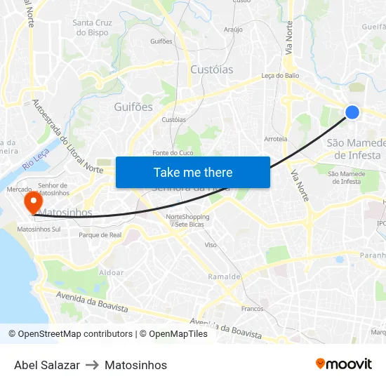 Abel Salazar to Matosinhos map