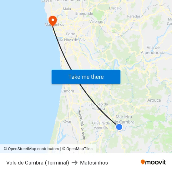 Vale de Cambra (Terminal) to Matosinhos map