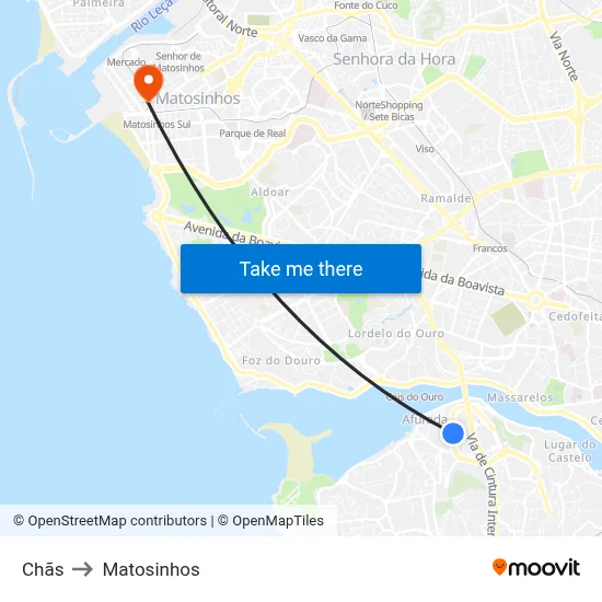 Chãs to Matosinhos map