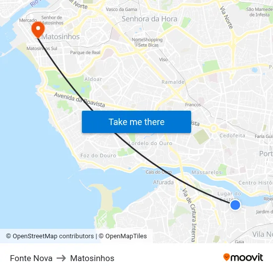 Fonte Nova to Matosinhos map